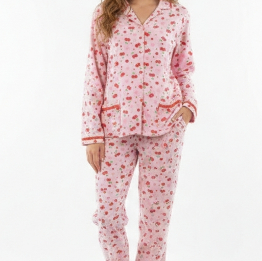 Pink Cherry Print 100% Cotton Pajamas Pants and Long Sleeve Top